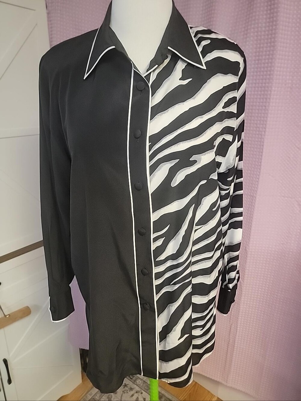 Vintage 90s Bob Mackie Wearable Art 100% Silk Zebra Blouse L Animal Print